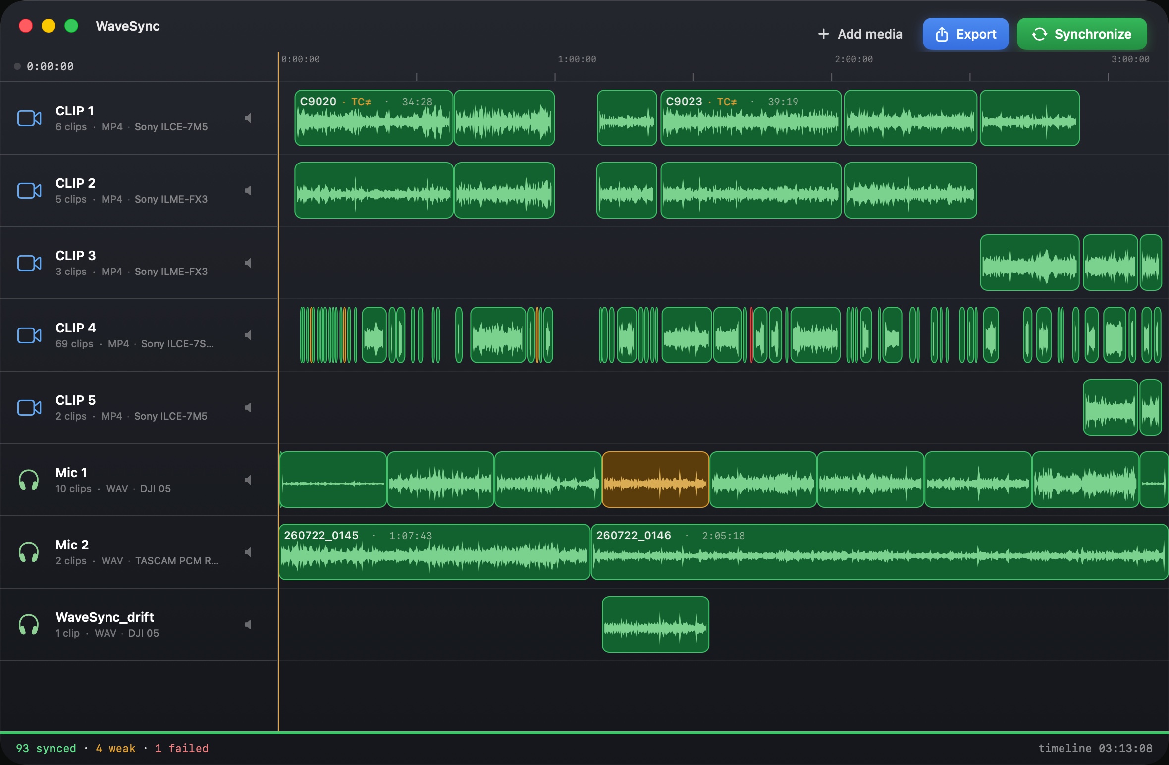 The same timeline after syncing — each clip moved to where its audio actually lines up