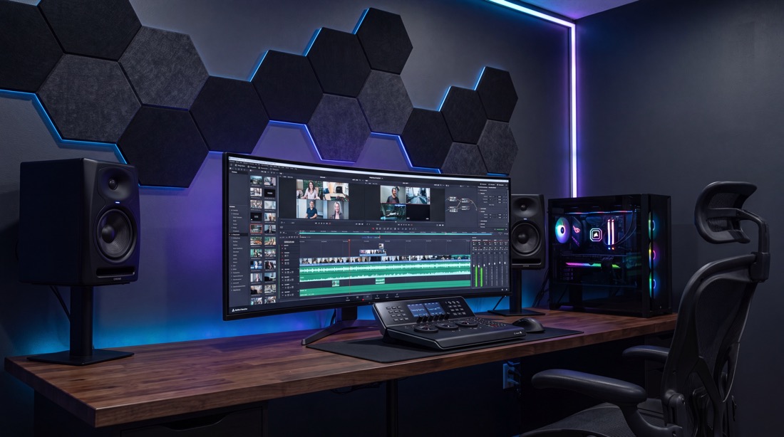 An edit suite with a multicam timeline open on the monitor