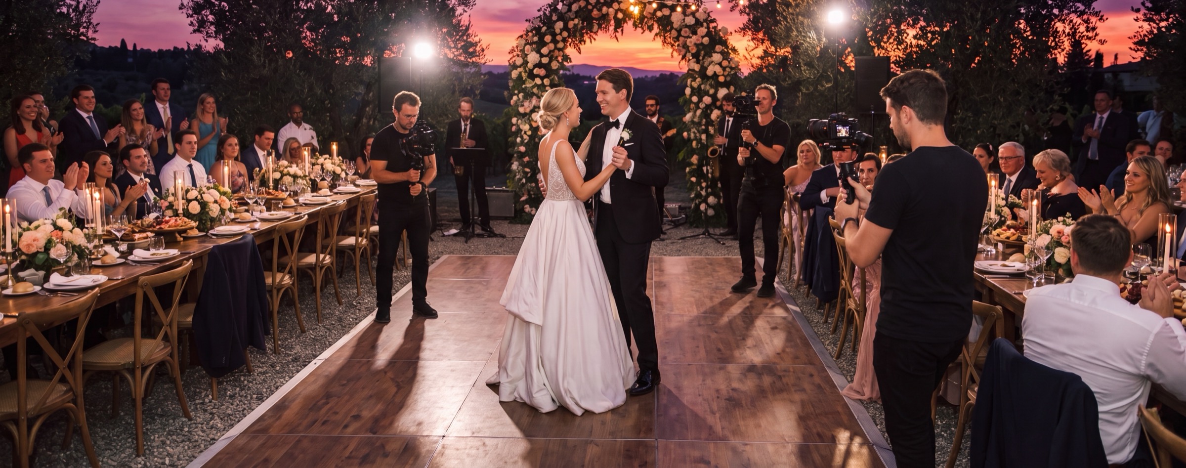 A wedding reception at dusk, shot from several cameras at once — the kind of multicam day WaveSync is built for