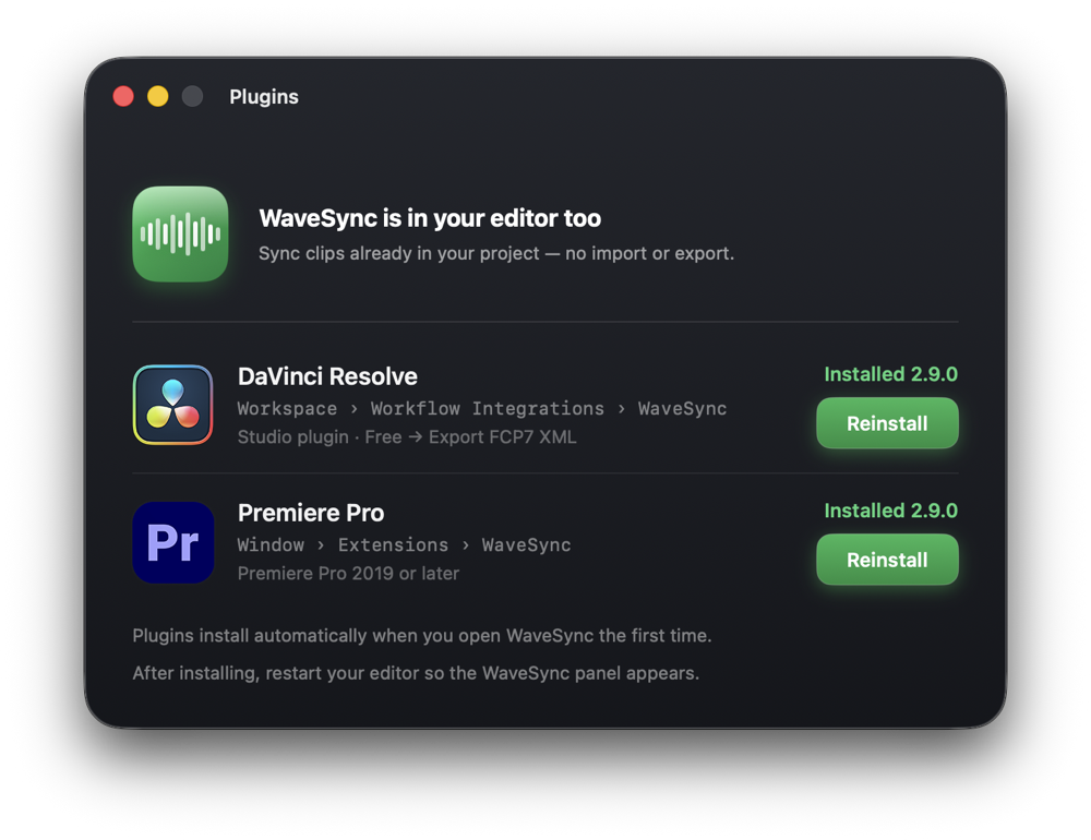 The WaveSync Plugins window listing DaVinci Resolve and Premiere Pro, each showing the installed plugin version and a Reinstall button